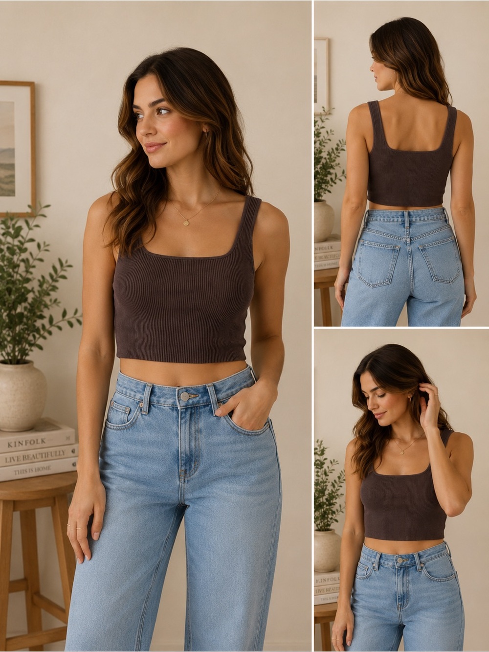 Babaton Aritzia Ribbed Cropped Tank Brown Sz M Stretch Knit Square Neck Minimal